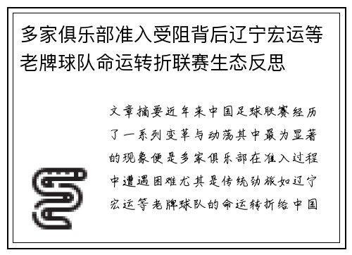 多家俱乐部准入受阻背后辽宁宏运等老牌球队命运转折联赛生态反思